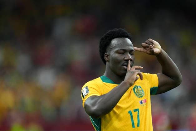 (260614) -- VANCOUVER, June 14, 2026 -- Nestory Irankunda of Australia celebrates his score during the group D match between Australia and T¨¹rkiye at the 2026 FIFA World Cup, WM, Weltmeisterschaft, Fussball at BC Place Vancouver in Vancouver, Canada, June 13, 2026. ) (SP)CANADA-VANCOUVER-FOOTBALL-FIFA WORLD CUP-GROUP D-AUS VS TUR MengxYongmin 