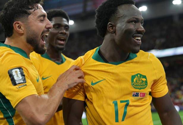 (260614) -- VANCOUVER, June 14, 2026 -- Nestory Irankunda (R) of Australia celebrates his score during the group D match between Australia and T¨¹rkiye at the 2026 FIFA World Cup, WM, Weltmeisterschaft, Fussball at BC Place Vancouver in Vancouver, Canada, June 13, 2026. ) (SP)CANADA-VANCOUVER-FOOTBALL-FIFA WORLD CUP-GROUP D-AUS VS TUR MengxYongmin 