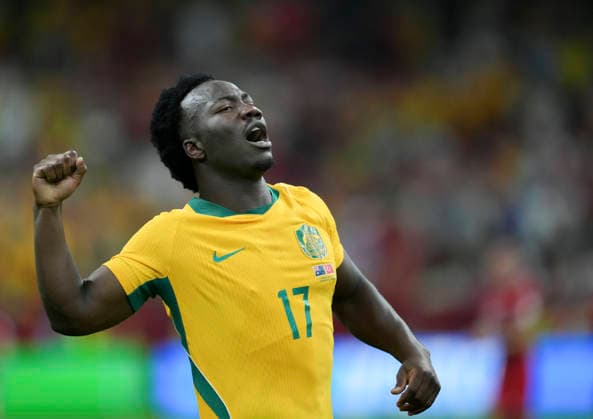 (260614) -- VANCOUVER, June 14, 2026 -- Nestory Irankunda of Australia celebrates his score during the group D match between Australia and T¨¹rkiye at the 2026 FIFA World Cup, WM, Weltmeisterschaft, Fussball at BC Place Vancouver in Vancouver, Canada, June 13, 2026. ) (SP)CANADA-VANCOUVER-FOOTBALL-FIFA WORLD CUP-GROUP D-AUS VS TUR MengxYongmin 