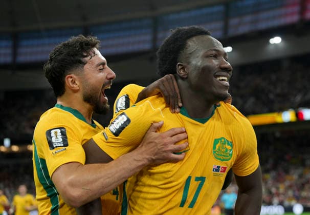 (260614) -- VANCOUVER, June 14, 2026 -- Nestory Irankunda (R) of Australia celebrates his score during the group D match between Australia and T¨¹rkiye at the 2026 FIFA World Cup, WM, Weltmeisterschaft, Fussball at BC Place Vancouver in Vancouver, Canada, June 13, 2026. ) (SP)CANADA-VANCOUVER-FOOTBALL-FIFA WORLD CUP-GROUP D-AUS VS TUR MengxYongmin 