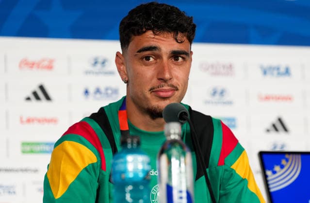 Aleksandar Pavlovic (Deutschland, 5) nimmt an der Abschlusspressekonferenz vor dem Gruppenspiel gegen Curacao teil. USA, Deutsche Fussballnationalmannschaft, Pressekonferenz, Houston, 13.06.2026 USA, Deutsche Fussballnationalmannschaft, Pressekonferenz, Houston, 13.06.2026 Houston