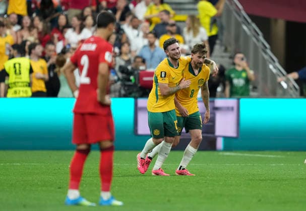 (260614) -- VANCOUVER, June 14, 2026 -- Connor Metcalfe (R) of Australia celebrates a score during the group D match between Australia and T¨¹rkiye at the 2026 FIFA World Cup, WM, Weltmeisterschaft, Fussball at BC Place Vancouver in Vancouver, Canada, June 13, 2026. ) (SP)CANADA-VANCOUVER-FOOTBALL-FIFA WORLD CUP-GROUP D-AUS VS TUR MengxYongmin 