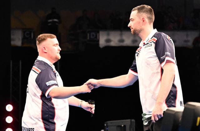 11.06.2026, xhbx, Dart World Cup of Darts 2026, v.l. Luke Littler (England), Luke Humphries (England) (DFL DFB REGULATIONS PROHIBIT ANY USE OF PHOTOGRAPHS as IMAGE SEQUENCES and or QUASI-VIDEO) Frankfurt