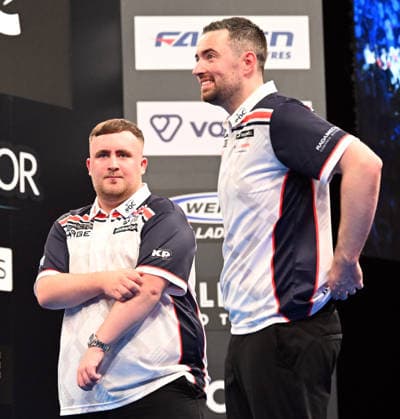 11.06.2026, xhbx, Dart World Cup of Darts 2026, v.l. Luke Littler (England), Luke Humphries (England) (DFL DFB REGULATIONS PROHIBIT ANY USE OF PHOTOGRAPHS as IMAGE SEQUENCES and or QUASI-VIDEO) Frankfurt