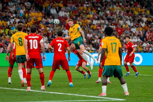 FIFA World Cup, WM, Weltmeisterschaft, Fussball 2026 - Group D - Australia vs Turkey Harry Souttar of Australia heads the ball in the second half during the FIFA World Cup 2026 group stage match Australia against Turkey, in Vancouver, Canada, 13 June 2026. VANCOUVER Canada  Copyright: xBOBxFRIDx