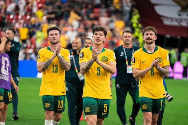 VANCOUVER, CANADA - JUNE 13: Jordan Bos of Australia, Connor Metcalfe of Australia and Aiden O Neill of Australia celebrate after winning the FIFA World Cup, WM, Weltmeisterschaft, Fussball 2026 group stage match between Australia and Turkey at BC Place Stadium on June 13, 2026 in Vancouver, British Columbia, Canada.  Copyright: xAmyxElle SPPx Sportspressphoto_SPR166160