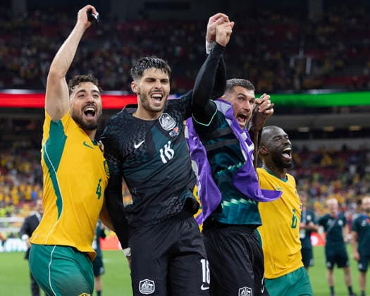 June 13, 2026, Vancouver, British Columbia, Canada: (L-R) Jacob Italiano 4, Patrick Beach 18, Mathew Ryan 1, and Jason Geria 6 of Australia celebrate after the team s victory in the FIFA World Cup, WM, Weltmeisterschaft, Fussball 2026 Group D match between Australia and Turkey at BC Place Vancouver. Vancouver Canada - ZUMAc132 20260613_fap_c132_006 Copyright: xAndrewxChinx