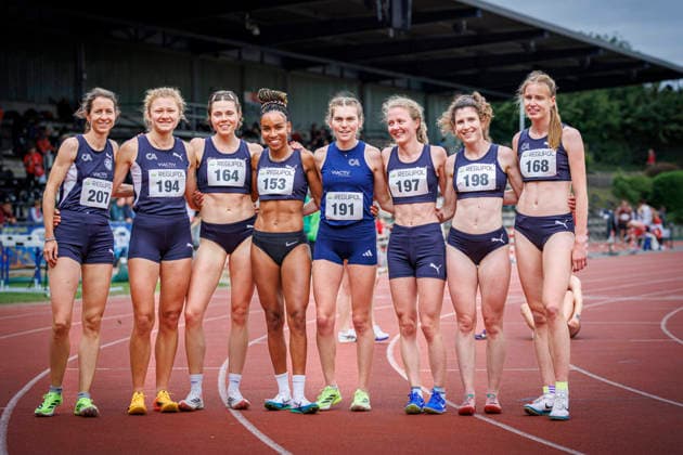 Nordrhein Meisterschaften 2026; Mönchengladbach, 14.06.2026 Die 1.500m Läuferinnen von Cologne Athletics v.l.n.r.: Saskia Stemmler (Cologne Athletics) Fiona Proba, Berit Janowitz, Natalie Füllgraf, Vera Petrykowski, Carla Schiffer, Sarah Schmitz, Amelie Klug; Nordrhein Meisterschaften 2026 am 14.06.2026 im Grenzlandstadion, Mönchengladbach (Nordrhein-Westfalen).