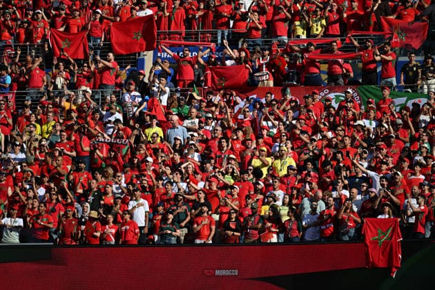 EAST RUTHERFORD, NEW JERSEY - JUNE 13: Fans of Morocco cheer during the FIFA World Cup, WM, Weltmeisterschaft, Fussball 2026 Group C match between Brazil and Morocco at New York New Jersey Stadium on June 13, 2026 in East Rutherford, New Jersey.  Copyright: xMBxMediax