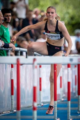 MANNHEIM, GERMANY - JUNE 14, 2026 : Angéline Guignard (SUI Switzerland) competing in the 100m hurdles U20 during the Juniorengala 2026 at Michael-Hoffmann-Stadion on June 14, 2026 in Mannheim, Germany. Baden-Wuerttemberg Germany Copyright: xAxelxKohringx