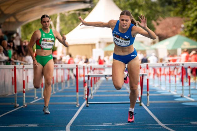 MANNHEIM, GERMANY - JUNE 14, 2026 : Shira Kurzawa (GER LAC Erdgas Chemnitz) competing in the 100m hurdles U20 during the Juniorengala 2026 at Michael-Hoffmann-Stadion on June 14, 2026 in Mannheim, Germany. Baden-Wuerttemberg Germany Copyright: xAxelxKohringx