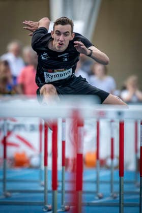 MANNHEIM, GERMANY - JUNE 14, 2026 :Sven Rymann (SUI Switzerland) competing in the man’s U20 110m hurdles during the Juniorengala 2026 at Michael-Hoffmann-Stadion on June 14, 2026 in Mannheim, Germany. Baden-Wuerttemberg Germany Copyright: xAxelxKohringx