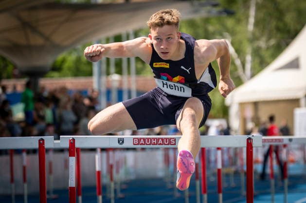 MANNHEIM, GERMANY - JUNE 14, 2026 : Daniel Hehn (GER USC Mainz) competing in the man’s U20 110m hurdles during the Juniorengala 2026 at Michael-Hoffmann-Stadion on June 14, 2026 in Mannheim, Germany. Baden-Wuerttemberg Germany Copyright: xAxelxKohringx