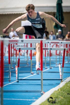 MANNHEIM, GERMANY - JUNE 14, 2026 : Tom Gillard (SUI Switzerland) struggles in the man’s U20 110m hurdles during the Juniorengala 2026 at Michael-Hoffmann-Stadion on June 14, 2026 in Mannheim, Germany. Baden-Wuerttemberg Germany Copyright: xAxelxKohringx