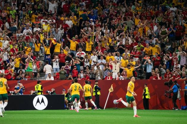 VANCOUVER, CANADA - JUNE 13: Team Australia celebrates after scoring their first goal while fan supporters of Australia cheer during the FIFA World Cup, WM, Weltmeisterschaft, Fussball 2026 group stage match between Australia and Turkey at BC Place Stadium on June 13, 2026 in Vancouver, British Columbia, Canada.  Copyright: xAmyxElle SPPx Sportspressphoto_SPR166186