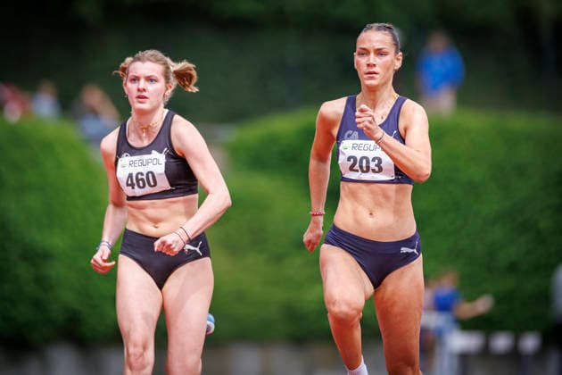 Nordrhein Meisterschaften 2026; Mönchengladbach, 14.06.2026 Linn Flügge (LG Aachen) und Eleni Schöpgens (Cologne Athletics); Nordrhein Meisterschaften 2026 am 14.06.2026 im Grenzlandstadion, Mönchengladbach (Nordrhein-Westfalen).