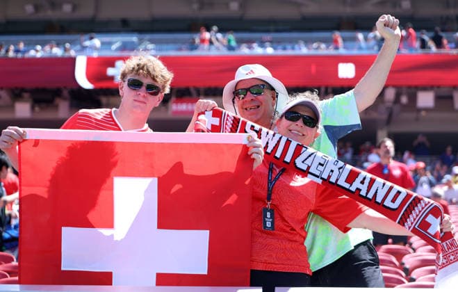 Qatar v Switzerland: Group B - FIFA World Cup, WM, Weltmeisterschaft, Fussball 2026 Switzerland fans arrive ahead of the FIFA World Cup 2026 Group B match between Qatar and Switzerland at San Francisco Bay Area Stadium in Santa Clara, California, on June 13, 2026. San Jose Jordan  Copyright: xAmeenxAhmedx originalFilename:alameen-notitle260613_np4Uy.jpg