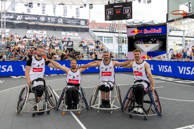 BASKETBALL - FIBA 3x3 World Tour VIENNA,AUSTRIA,14.JUN.26 - BASKETBALL - FIBA 3x3 World Tour. Image shows Hubert Hager, Alexander Suppan, Mehmet Hayirli and Samuel Pfurtscheller (AUT).  GEPAxpictures xPhilippxBrem