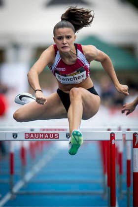 MANNHEIM, GERMANY - JUNE 14, 2026 : Jil Sanchez (SUI Switzerland) competing in the final of the 100m hurdles U20 during the Juniorengala 2026 at Michael-Hoffmann-Stadion on June 14, 2026 in Mannheim, Germany. Baden-Wuerttemberg Germany Copyright: xAxelxKohringx
