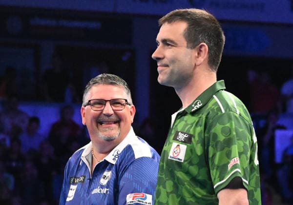 14.06.2026, xhbx, Dart World Cup of Darts 2026, v.l. Gary Anderson (Schottland), William O Connor (Irland) (DFL DFB REGULATIONS PROHIBIT ANY USE OF PHOTOGRAPHS as IMAGE SEQUENCES and or QUASI-VIDEO) Frankfurt