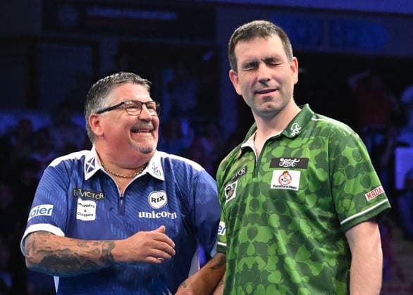 14.06.2026, xhbx, Dart World Cup of Darts 2026, v.l. Gary Anderson (Schottland), William O Connor (Irland) (DFL DFB REGULATIONS PROHIBIT ANY USE OF PHOTOGRAPHS as IMAGE SEQUENCES and or QUASI-VIDEO) Frankfurt