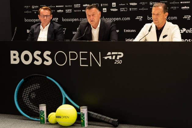 Stuttgart, GERMANY - June 14: Hans-Georg Kauffeld (Head of TC Weissenhof e.V.), Edwin Weindorfer (Director of Tournament) and Daniel Grieder (CEO Hugo Boss AG) during the closing Pressconference at BOSS OPEN 2026, Tennisanlage Weissenhof on June 14, 2026 in Stuttgart, Germany. Baden-Württemberg Germany Copyright: xTimoxSteinx