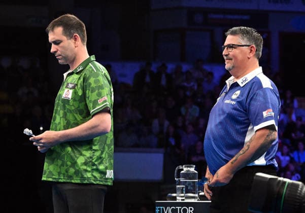 14.06.2026, xhbx, Dart World Cup of Darts 2026, v.l. William O Connor (Irland), Gary Anderson (Schottland) (DFL DFB REGULATIONS PROHIBIT ANY USE OF PHOTOGRAPHS as IMAGE SEQUENCES and or QUASI-VIDEO) Frankfurt