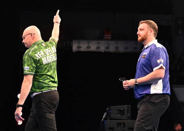 14.06.2026, xhbx, Dart World Cup of Darts 2026, v.l. Mickey Mansell (Irland), Cameron Menzies (Schottland) (DFL DFB REGULATIONS PROHIBIT ANY USE OF PHOTOGRAPHS as IMAGE SEQUENCES and or QUASI-VIDEO) Frankfurt