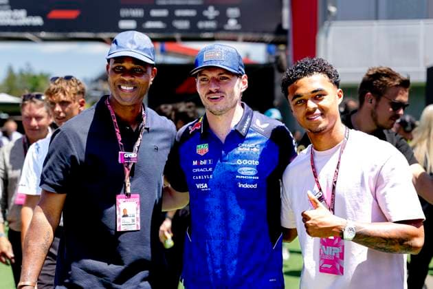 BARCELONA - Patrick Kluivert, Shane Kluivert and Formula 1 driver Max Verstappen of Oracle Red Bull Racing during the Formula 1 Spain-Catalonia at the Circuit de Barcelona-Catalunya on June 14, 2026 in Barcelona, Spain. (Photo by DeFodi Images) -