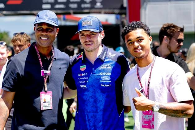BARCELONA - Patrick Kluivert, Shane Kluivert and Formula 1 driver Max Verstappen of Oracle Red Bull Racing during the Formula 1 Spain-Catalonia at the Circuit de Barcelona-Catalunya on June 14, 2026 in Barcelona, Spain. (Photo by DeFodi Images) -