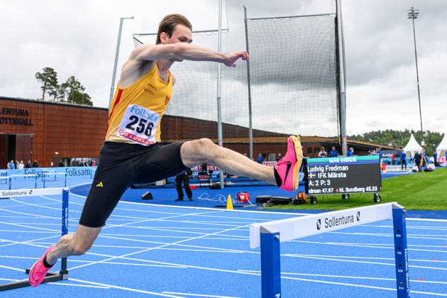 260614 Emil Sörqvist, Huddinge AIS, under friidrottstävlingen Folksam Grand Prix den 14 juni 2026 i Stockholm.