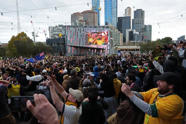 WORLD CUP LIVE SITE, Fans celebrate the Socceroos 2nd goal scored while watching the FIFA World Cup, WM, Weltmeisterschaft, Fussball Group D Australia versus TuÌˆrkiye match live site at Federation Square in Melbourne, Sunday, June 14, 2026. ( NO ARCHIVING Melbourne Victoria Australia  Copyright: xConxChronisx 20260614143895200209