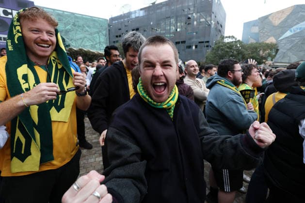 WORLD CUP LIVE SITE, Fans celebrate the Socceroos 2nd goal scored while watching the FIFA World Cup, WM, Weltmeisterschaft, Fussball Group D Australia versus TuÌˆrkiye match live site at Federation Square in Melbourne, Sunday, June 14, 2026. ( NO ARCHIVING Melbourne Victoria Australia  Copyright: xConxChronisx 20260614150822979160