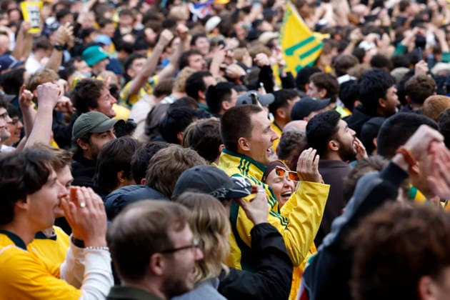 WORLD CUP LIVE SITE, Fans celebrate the Socceroos 2nd goal scored while watching the FIFA World Cup, WM, Weltmeisterschaft, Fussball Group D Australia versus TuÌˆrkiye match live site at Federation Square in Melbourne, Sunday, June 14, 2026. ( NO ARCHIVING Melbourne Victoria Australia  Copyright: xConxChronisx 20260614166778341231