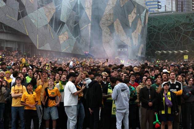 WORLD CUP LIVE SITE, Fans celebrate the Socceroos first goal scored while watching the FIFA World Cup, WM, Weltmeisterschaft, Fussball Group D Australia versus TuÌˆrkiye match live site at Federation Square in Melbourne, Sunday, June 14, 2026. ( NO ARCHIVING Melbourne Victoria Australia  Copyright: xConxChronisx 20260614169263950470
