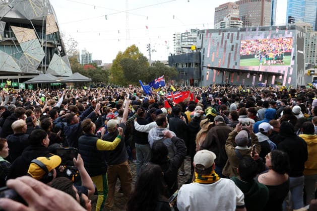WORLD CUP LIVE SITE, Fans celebrate the Socceroos 2nd goal scored while watching the FIFA World Cup, WM, Weltmeisterschaft, Fussball Group D Australia versus TuÌˆrkiye match live site at Federation Square in Melbourne, Sunday, June 14, 2026. ( NO ARCHIVING Melbourne Victoria Australia  Copyright: xConxChronisx 20260614173369787020