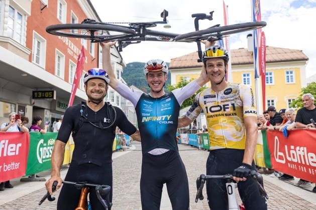 v.l. Daniel FEDERSPIEL (AUT, 2. Platz), Sieger Supergiro Dolomiti, Miguel BRUGGER (AUT), David SCHÖGGL (AUT, 3. Platz), 3th placed David SCHÖGGL (AUT) Foto:Eibner-Pressefoto Groder Lienz