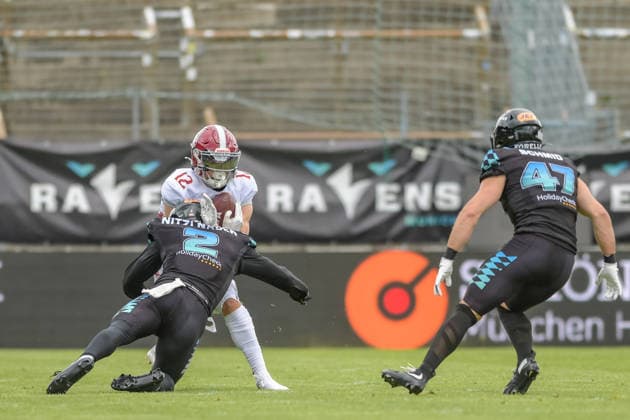 Matyas Bily (Prague Lions, 12) gets tackled by Christoph Nitzlnader (Munich Ravens, 02), Munich Ravens vs Prague Lions, American Football, European Football Alliance, Week 5, 2026, 14.06.2026, Unterhaching uhlsport Sportpark Germany Copyright: xFootxBowlxPressexFotoxAgentur JUx