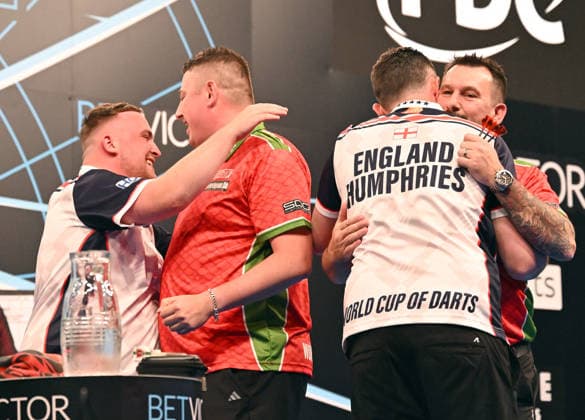 14.06.2026, xhbx, Dart World Cup of Darts 2026, v.l. Luke Littler (England), Nick Kenny (Wales), Luke Humphries (England), Jonny Clayton (Wales) (DFL DFB REGULATIONS PROHIBIT ANY USE OF PHOTOGRAPHS as IMAGE SEQUENCES and or QUASI-VIDEO) Frankfurt