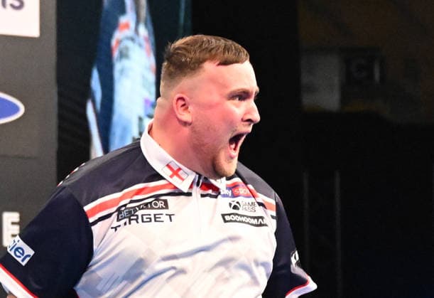 14.06.2026, xhbx, Dart World Cup of Darts 2026, v.l. Luke Littler (England) jubeln jubelt nach Spielende. (DFL DFB REGULATIONS PROHIBIT ANY USE OF PHOTOGRAPHS as IMAGE SEQUENCES and or QUASI-VIDEO) Frankfurt