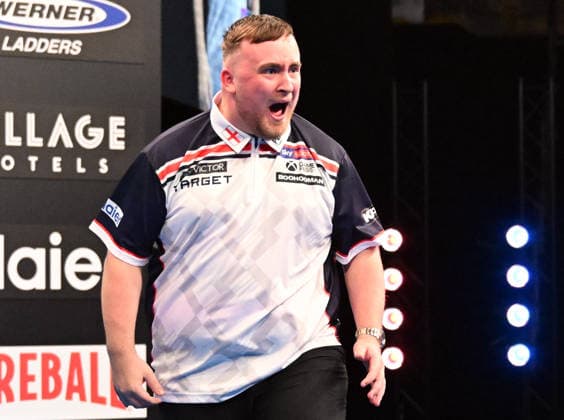 14.06.2026, xhbx, Dart World Cup of Darts 2026, v.l. Luke Littler (England) jubeln jubelt nach Spielende. (DFL DFB REGULATIONS PROHIBIT ANY USE OF PHOTOGRAPHS as IMAGE SEQUENCES and or QUASI-VIDEO) Frankfurt