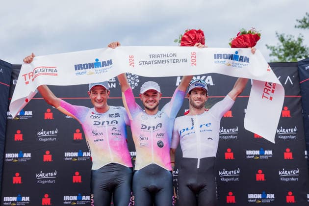 TRIATHLON - Ironman Austria 2026 KLAGENFURT,AUSTRIA,14.JUN.26 - TRIATHLON - Ironman Kaernten-Klagenfurt. Image shows Michael Weiss, Sebastian Aschenbrenner and Luis Knabl (AUT).  GEPAxpictures xMatthiasxTrinkl