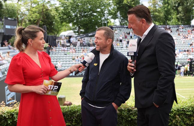 Stuttgart , Tennis , BOSS Open Finale , v.l. Moderatorin Birgit Nössing, Lothar Matthäus , Turnierdirektor Edwin Weindorfer