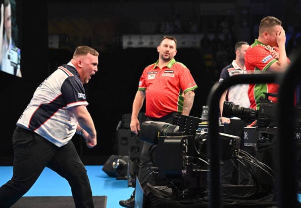 14.06.2026, xhbx, Dart World Cup of Darts 2026, v.l. Luke Littler (England), Jonny Clayton (Wales), Luke Humphries (England), Nick Kenny (Wales) 170 Finish (DFL DFB REGULATIONS PROHIBIT ANY USE OF PHOTOGRAPHS as IMAGE SEQUENCES and or QUASI-VIDEO) Frankfurt