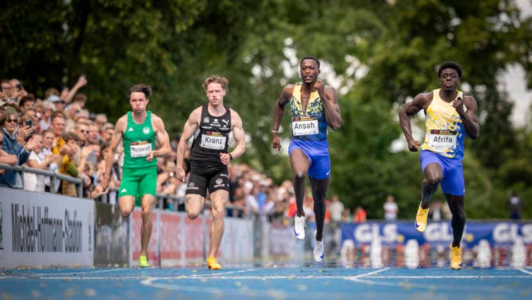 MANNHEIM, GERMANY - JUNE 14, 2026 : Tobias Morawietz (GER VfL Wolfsburg), Kevin Kranz (GER Sprintteam Wetzlar), Owen Ansah (GER Hamburger SV) , afrifa+ competing in the men’s 100m during the Elite Meeting at Michael-Hoffmann-Stadion on June 14, 2026 in Mannheim, Germany. Baden-Wuerttemberg Germany Copyright: xAxelxKohringx