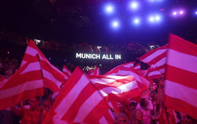 . Basketball, Bayern - Berlin. Bundesliga, FC Bayern Basketball - Alba Berlin, Playoff Finale, 2.Spiel, Saison 2025-2026, 14.06.2026, in Muenchen, S A P G A R D E N, Deutschland. Quelle Copyright Credit : Oryk HAIST