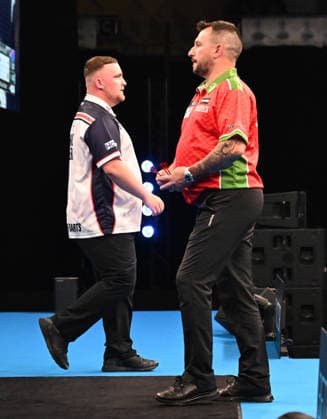 14.06.2026, xhbx, Dart World Cup of Darts 2026, v.l. Luke Littler (England), Jonny Clayton (Wales) (DFL DFB REGULATIONS PROHIBIT ANY USE OF PHOTOGRAPHS as IMAGE SEQUENCES and or QUASI-VIDEO) Frankfurt
