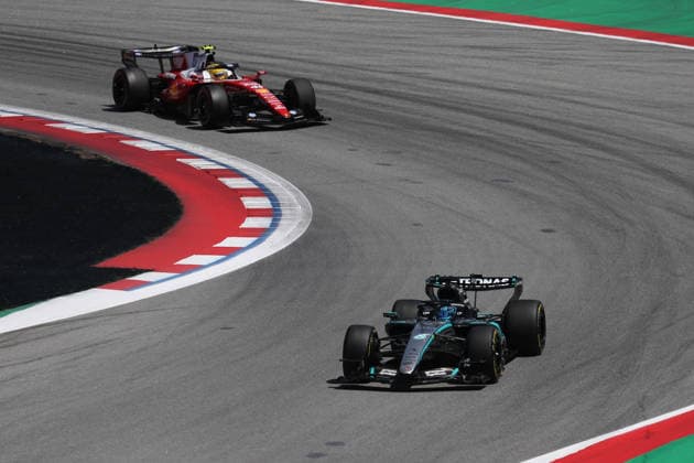 F1 Barcelona-Catalunya Grand Prix 2026 George Russell of Mercedes and Lewis Hamilton of Ferrari during the Formula 1 Barcelona-Catalunya Grand Prix at Circuit de Barcelona-Catalunya in Barcelona on June 14, 2026. Barcelona Spain  Copyright: xJakubxPorzyckix originalFilename:porzycki-f1barcel260614_nphFn.jpg