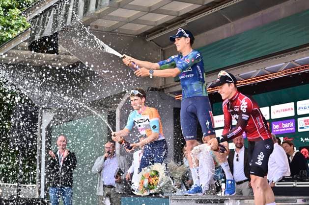 Muur Classic Geraardsbergen 2026 Cycling Race GERAARDSBERGEN, BELGIUM - JUNE 14 : Van Tricht Floris (BEL) of NSN Development Team, Magnier Paul (FRA) of Soudal Quick-Step and Berckmoes Jenno (BEL) of Lotto - Intermarche pictured during the podium ceremony of the 4th edition of Muur Classic Geraardsbergen an UCI Class 1.1 one day cycling road race for Men Elite of km with start in Geraardsbergen and finish in Geraardsbergen on June 14, 2026 in Geraardsbergen, Belgium, 14 06 2026 Geraardsbergen Belgium  Copyright: xPeterxDexVoechtx