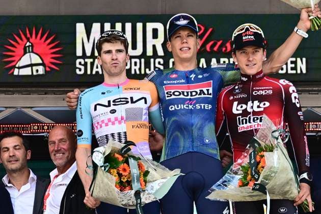 Muur Classic Geraardsbergen 2026 Cycling Race GERAARDSBERGEN, BELGIUM - JUNE 14 : Van Tricht Floris (BEL) of NSN Development Team, Magnier Paul (FRA) of Soudal Quick-Step and Berckmoes Jenno (BEL) of Lotto - Intermarche pictured during the podium ceremony of the 4th edition of Muur Classic Geraardsbergen an UCI Class 1.1 one day cycling road race for Men Elite of km with start in Geraardsbergen and finish in Geraardsbergen on June 14, 2026 in Geraardsbergen, Belgium, 14 06 2026 Geraardsbergen Belgium  Copyright: xPeterxDexVoechtx